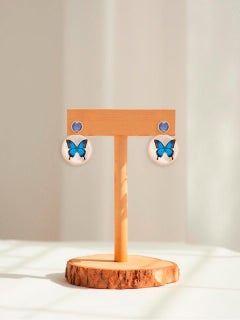 Mother Of Pearl Shell Stud Earrings, sapphire  and butterfly painting.