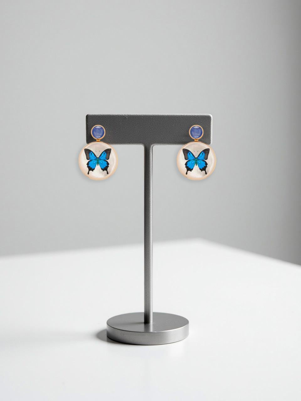 Modern Mother Of Pearl Shell Stud Earrings, sapphire  and butterfly painting. For Sale