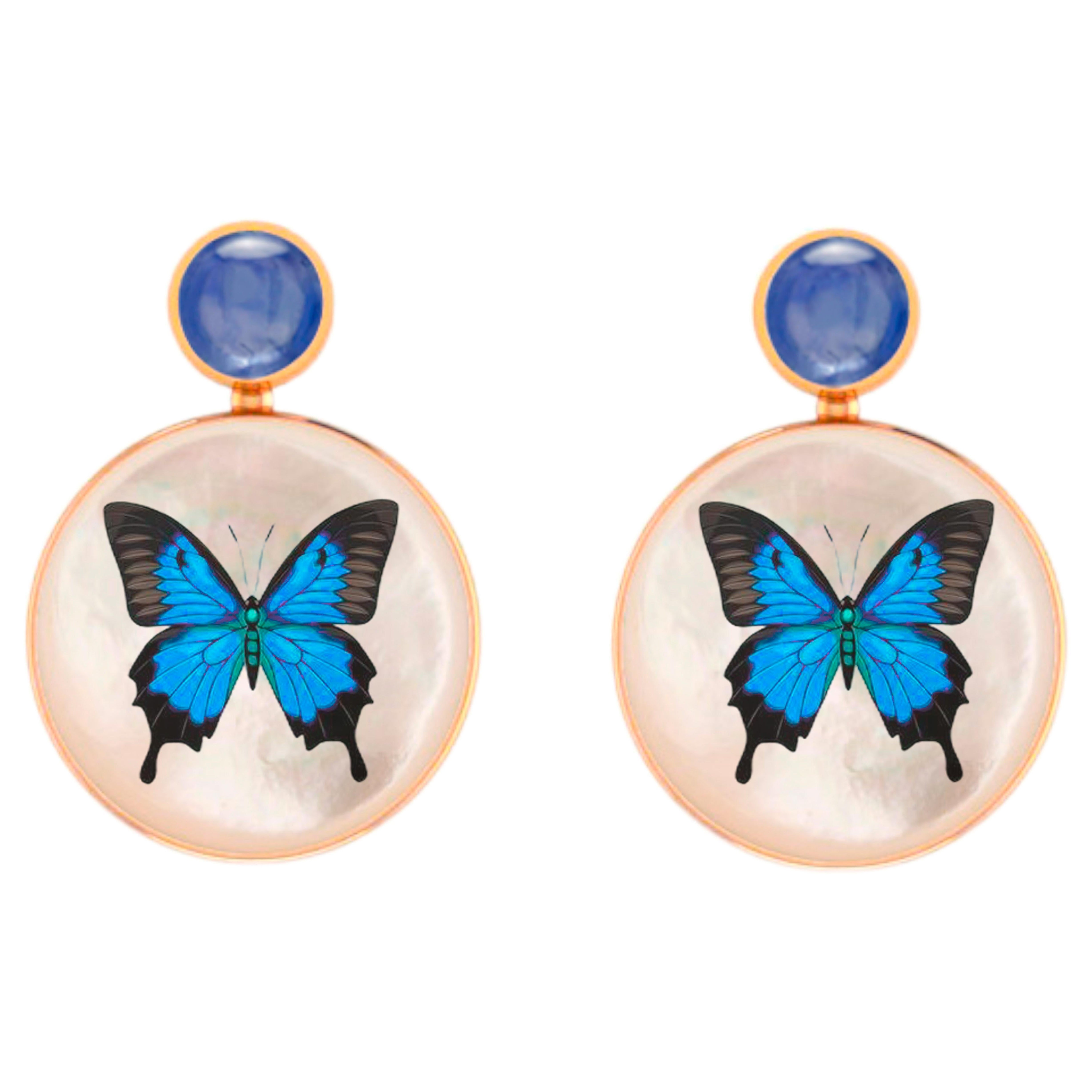 Mother Of Pearl Shell Stud Earrings, sapphire  and butterfly painting.