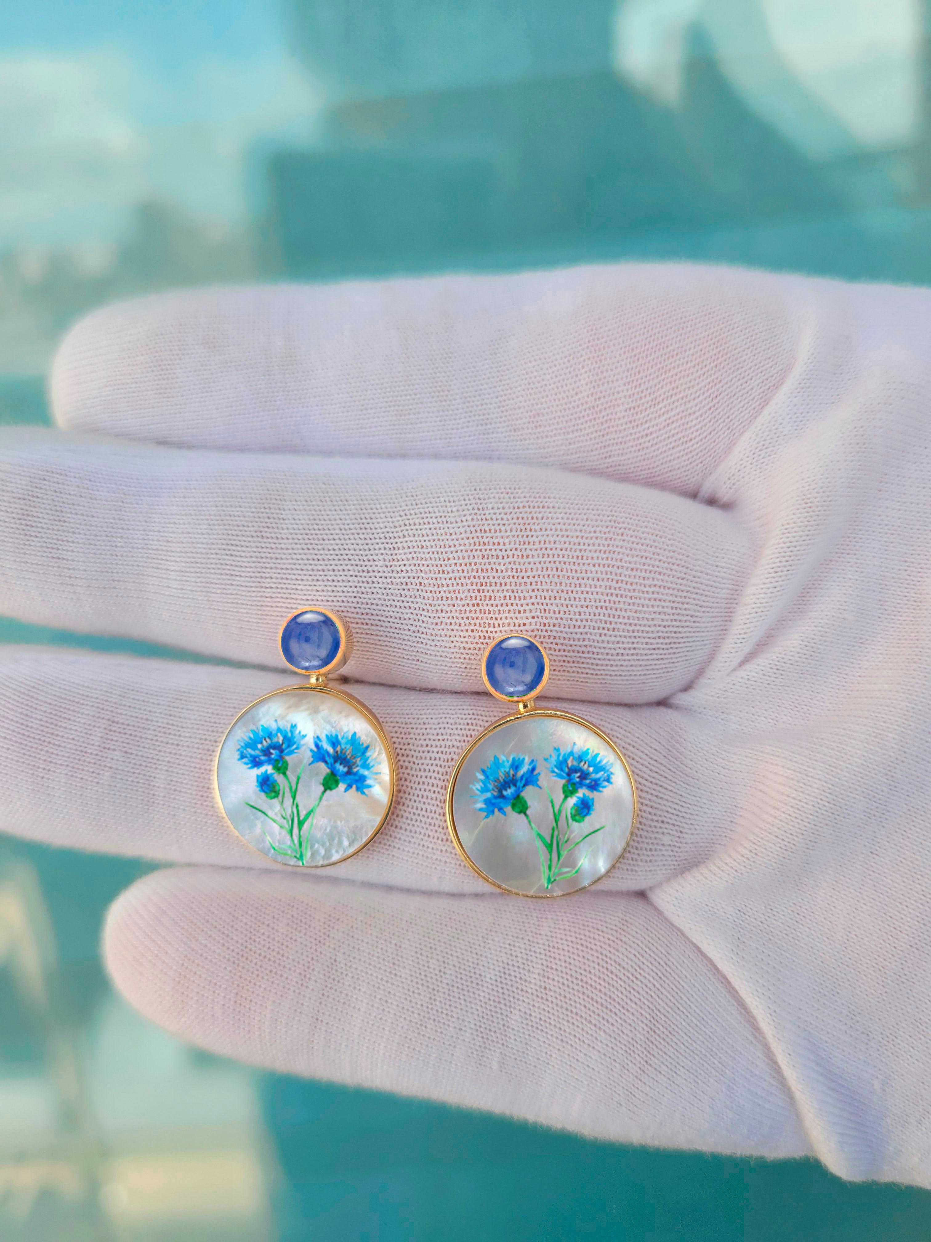 Mother Of Pearl Shell Stud Earrings with sapphire cab and cornflower  drawing. Handmade Paint Flower Shell Earrings with blue sapphire. Beach Wedding bridal stud earrings. Mother of pearl beach earrings. Shell paint earrings. Wearable art earrings