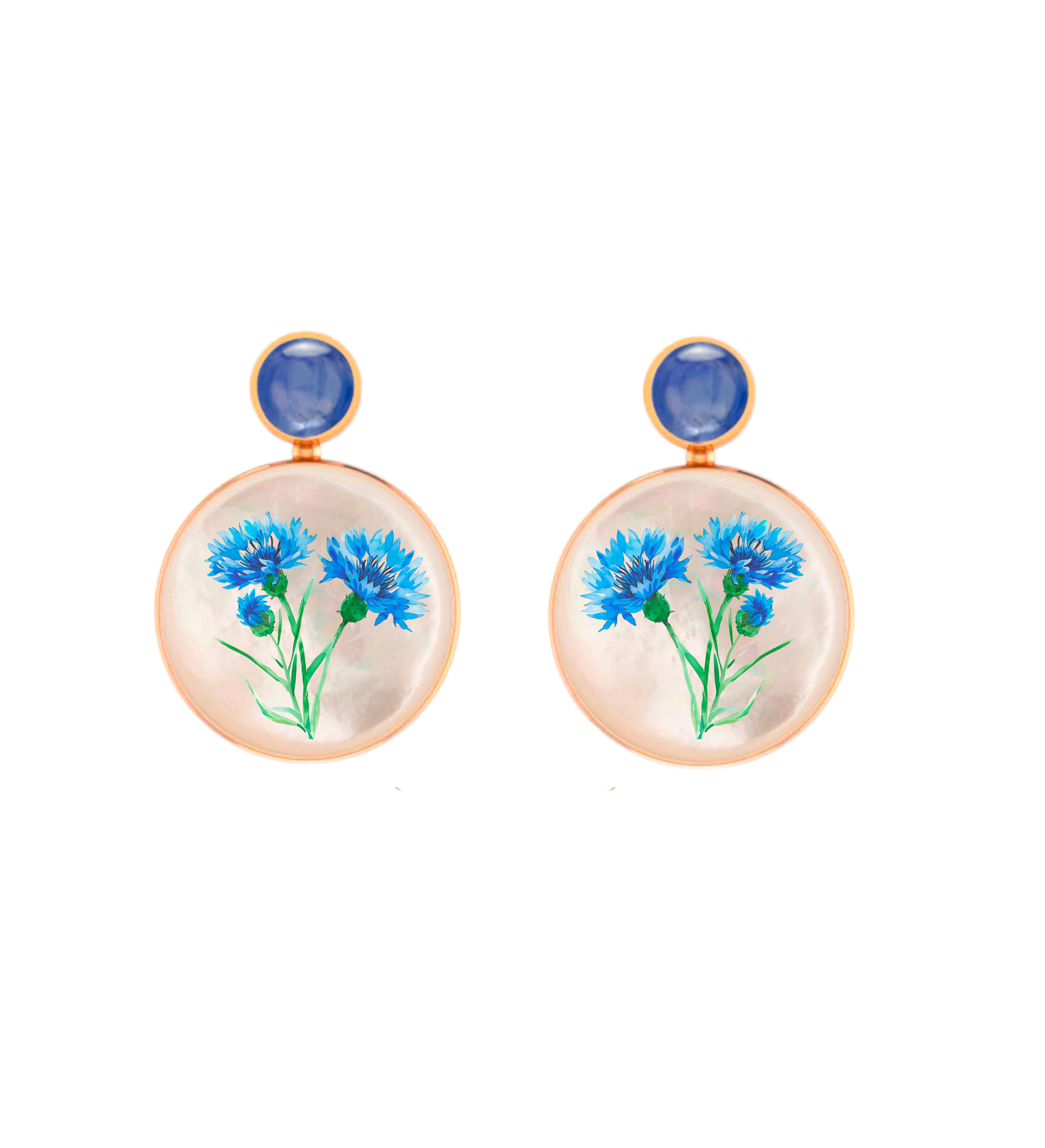 Women's or Men's Mother Of Pearl Shell Stud Earrings, sapphire  and cornflower painting. For Sale