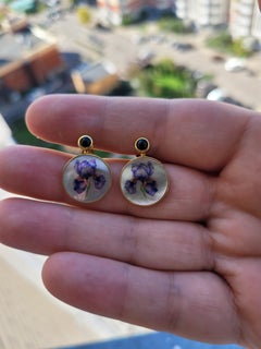 Mother Of Pearl Shell Stud Earrings, sapphire and iris flower painting.
