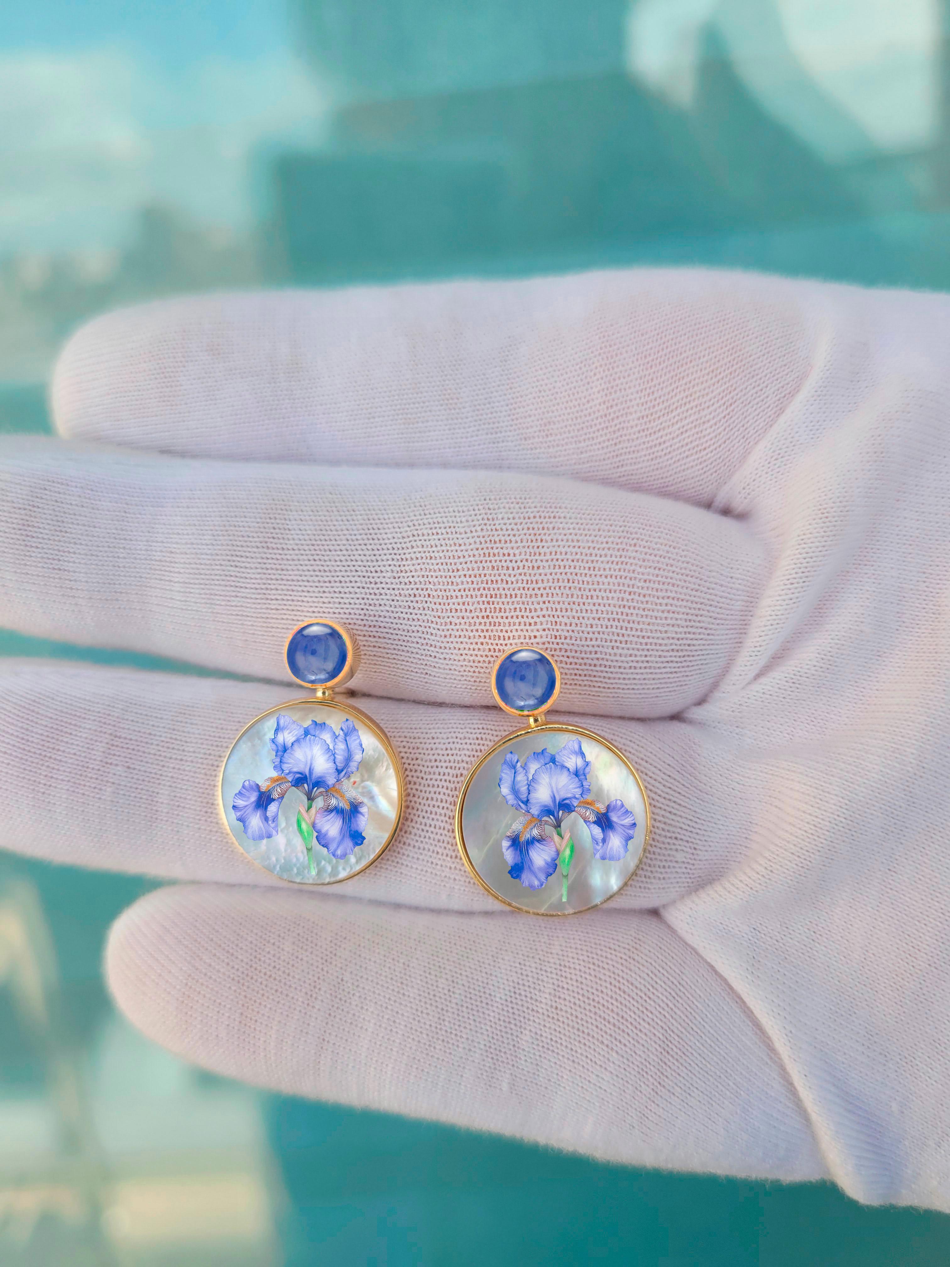 Mother Of Pearl Shell Stud Earrings with sapphire cab and iris  drawing. Handmade Paint blue flower Shell Earrings with blue sapphire. Beach Wedding bridal stud earrings. Mother of pearl beach earrings. Shell paint earrings. Wearable art earrings