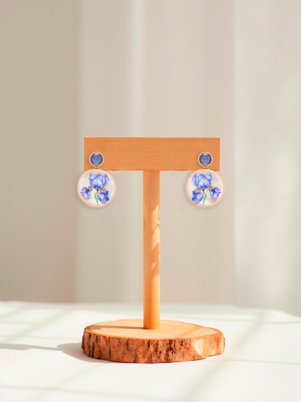 Modern Mother Of Pearl Shell Stud Earrings, sapphire and iris flower painting. For Sale