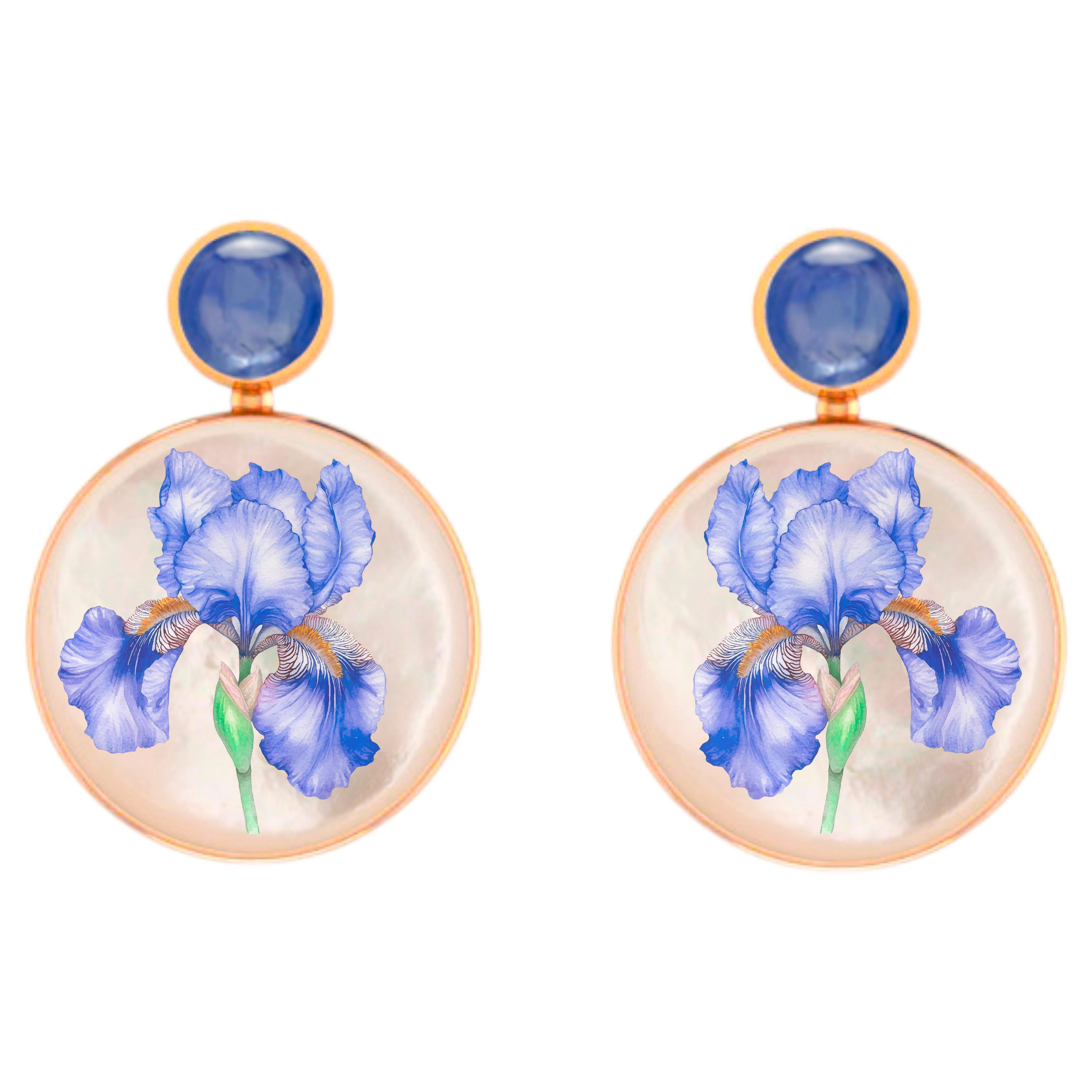 Mother Of Pearl Shell Stud Earrings, sapphire and iris flower painting.