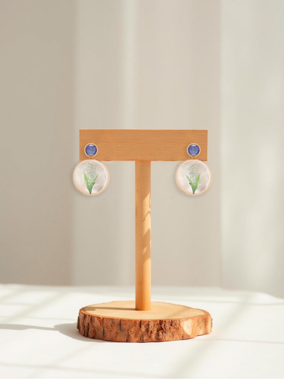 Mother Of Pearl Shell Stud Earrings with sapphire cab and lily of the valley drawing. Handmade Paint Flower  Shell Earrings with blue sapphire. Beach Wedding bridal stud earrings. Mother of pearl beach earrings. Shell paint earrings. Wearable art