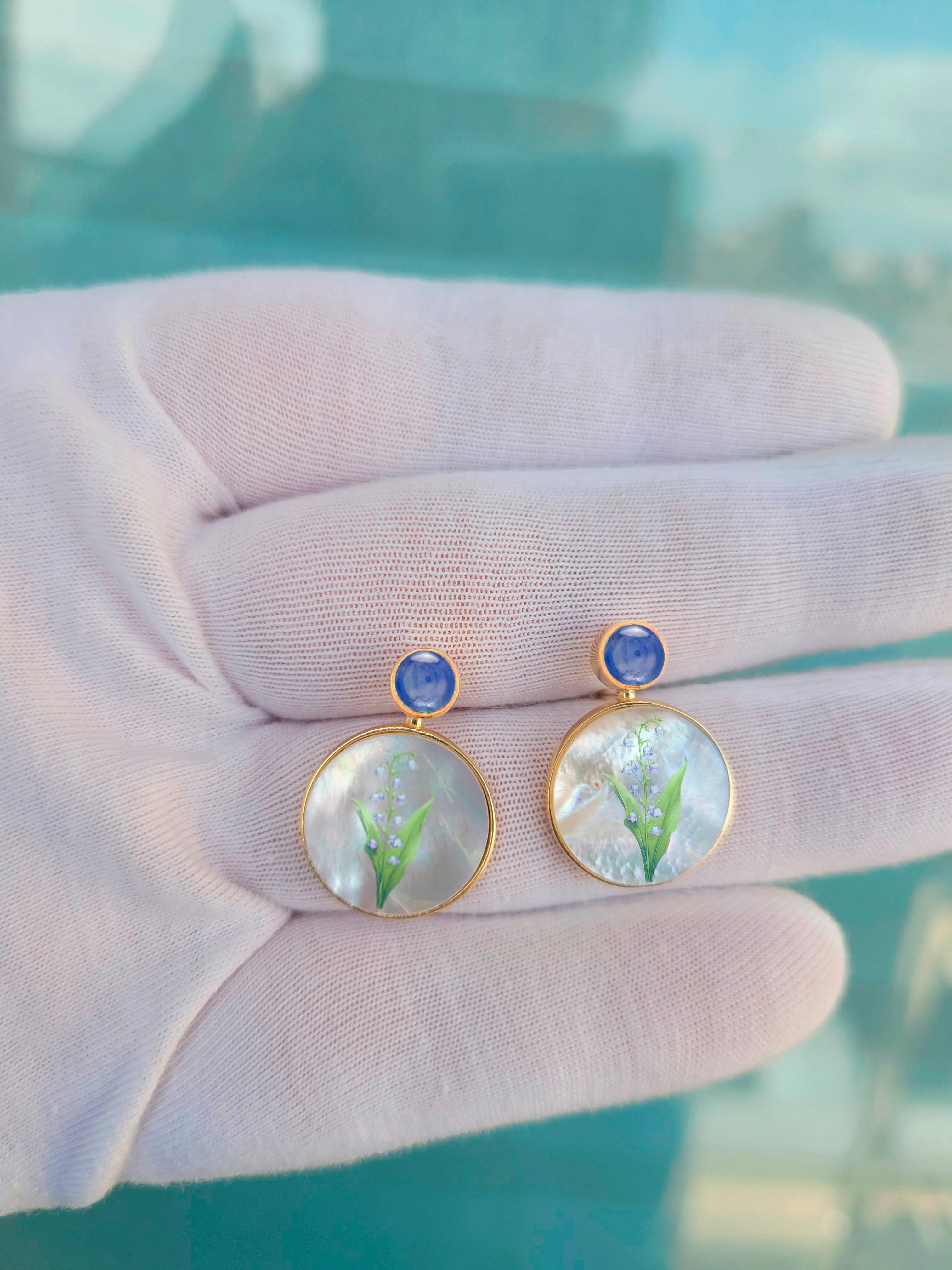 Modern Mother Of Pearl Shell Stud Earrings, sapphire  and lily of the valley painting. For Sale