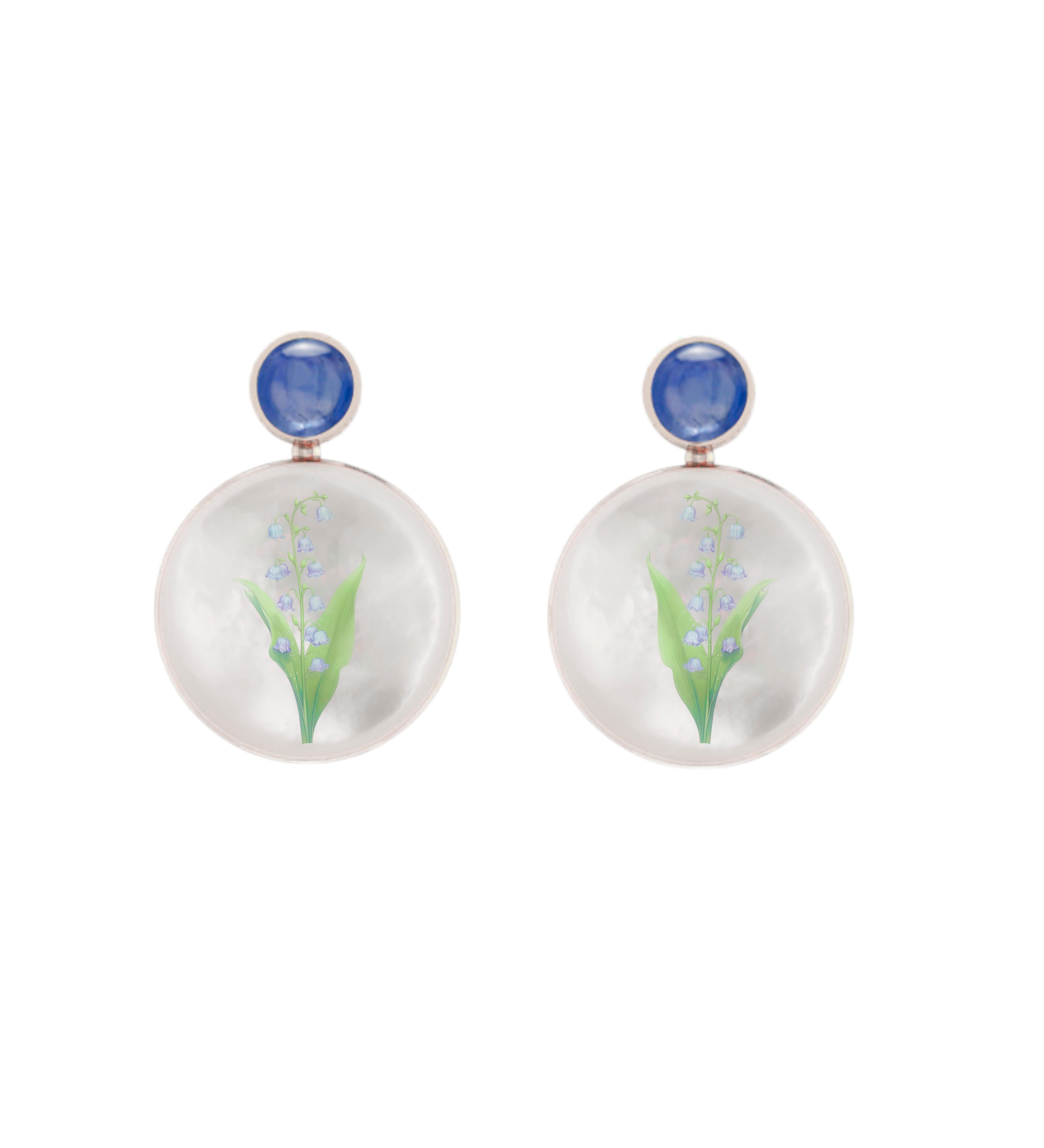 Mother Of Pearl Shell Stud Earrings, sapphire  and lily of the valley painting.