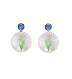 Mother Of Pearl Shell Stud Earrings, sapphire  and lily of the valley painting.