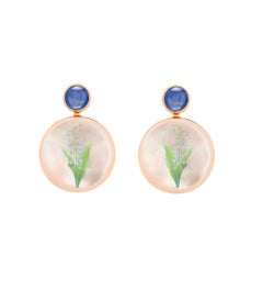 Mother Of Pearl Shell Stud Earrings, sapphire  and lily of the valley painting.