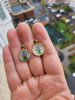 Mother Of Pearl Shell Stud Earrings, sapphire  and lily of the valley painting.