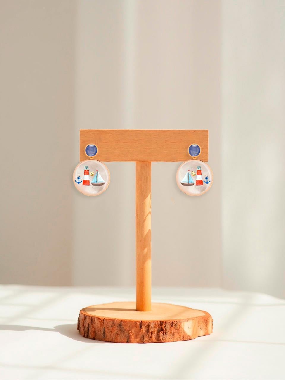 Round Cut Mother Of Pearl Shell Stud Earrings, sapphire and sea, yacht, marina painting. For Sale