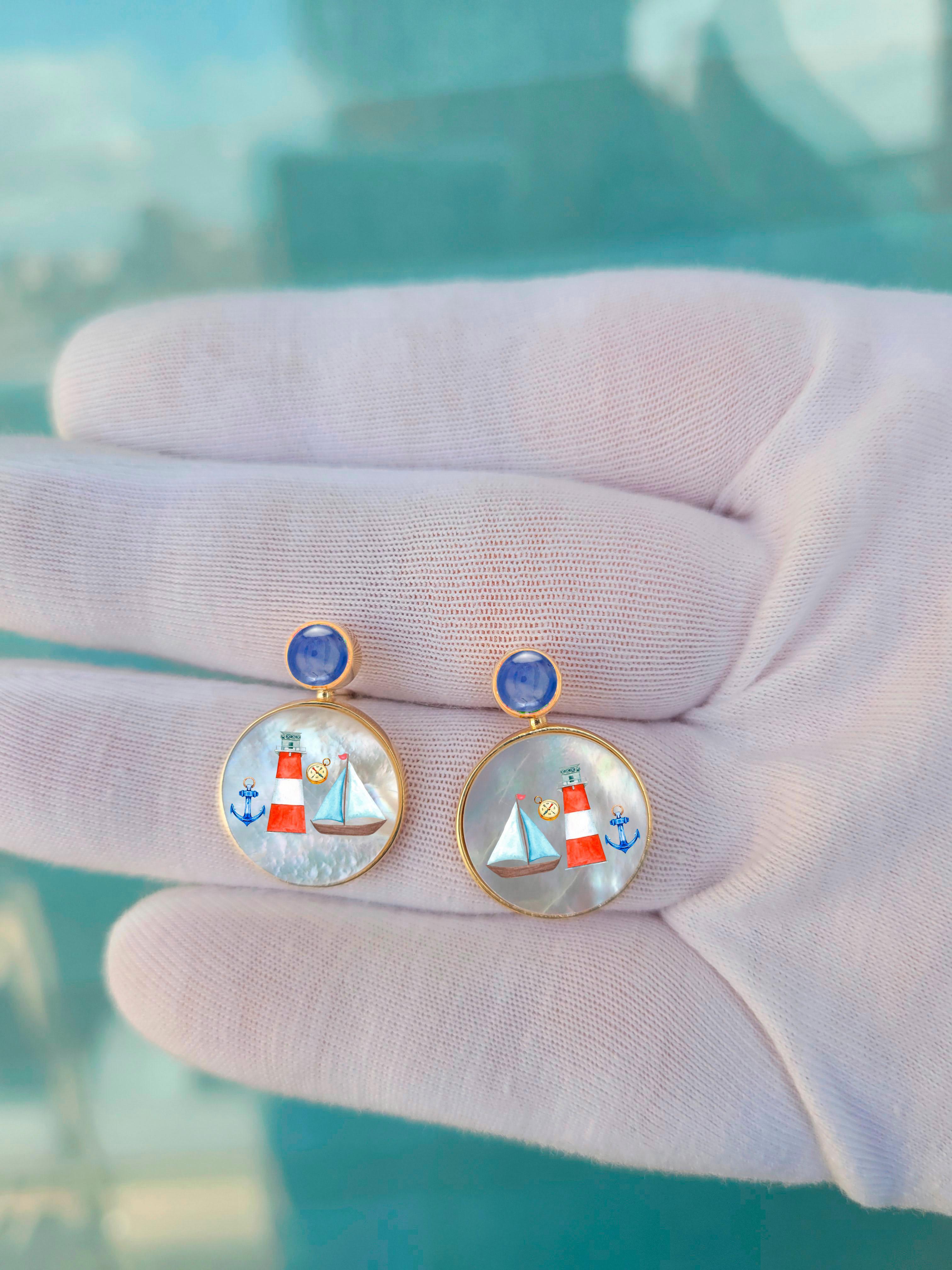 Mother Of Pearl Shell Stud Earrings, sapphire and sea, yacht, marina painting. In New Condition For Sale In Istanbul, TR