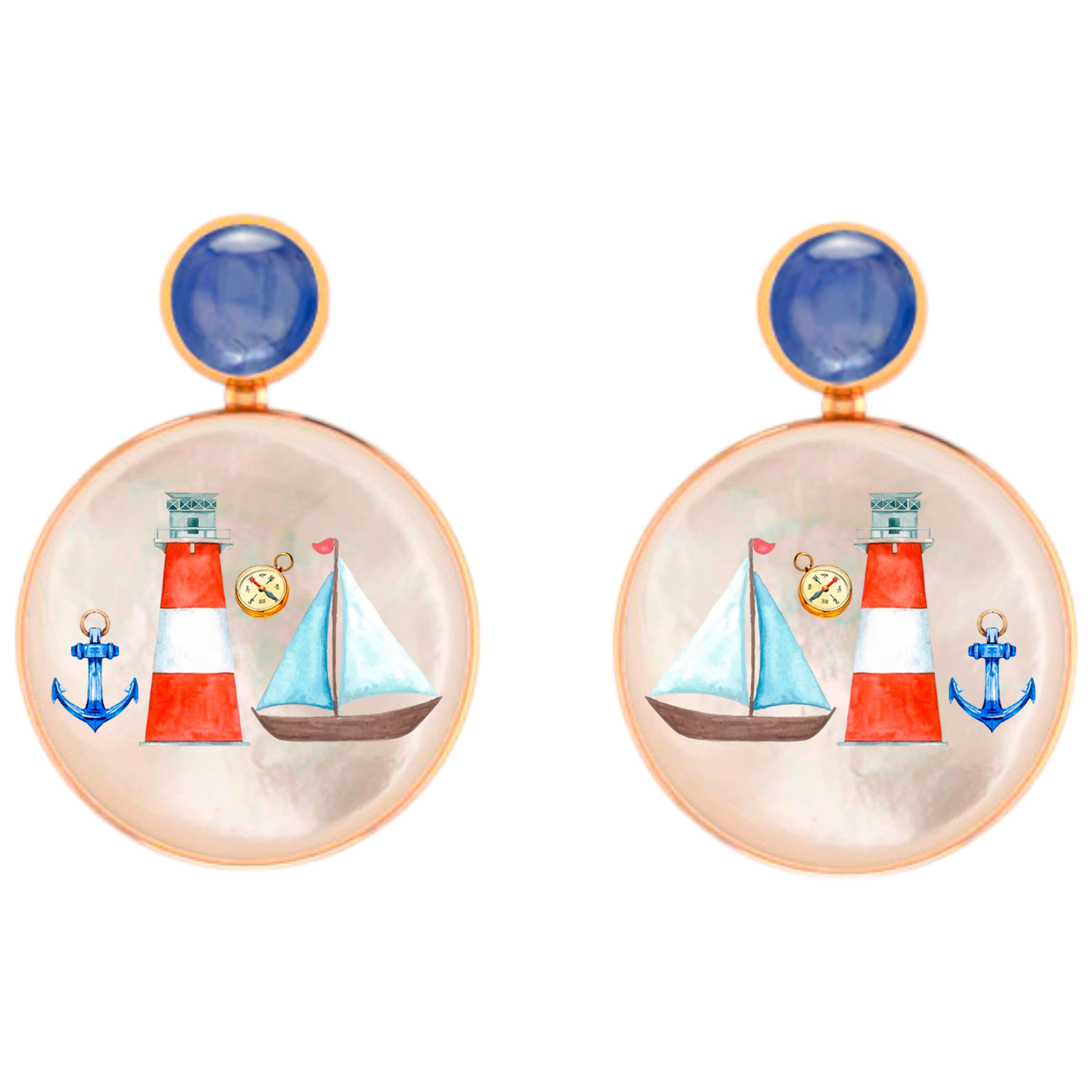 Mother Of Pearl Shell Stud Earrings, sapphire and sea, yacht, marina painting.