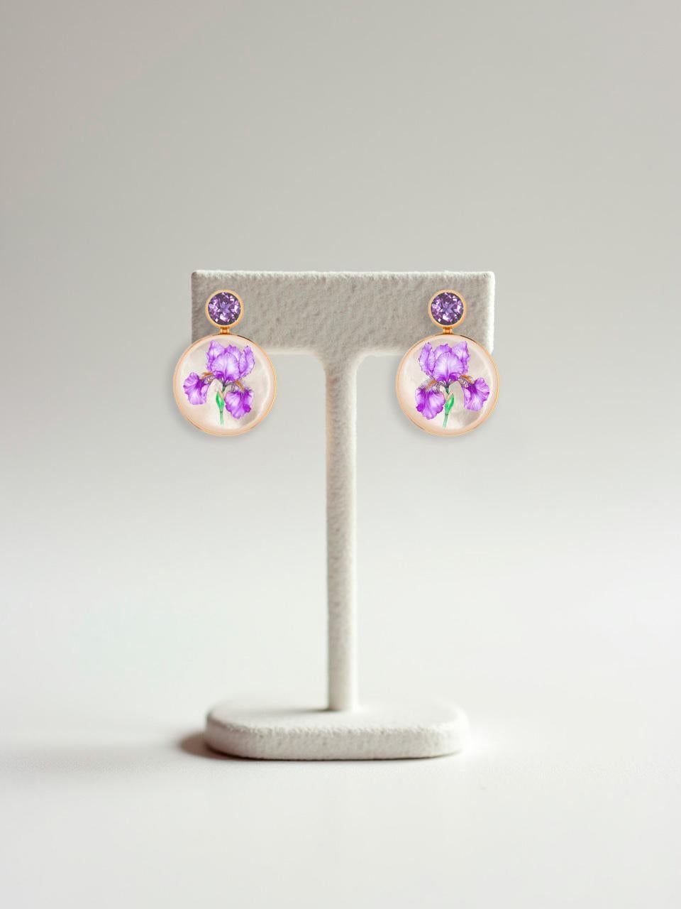 Mother Of Pearl Shell Stud Earrings with amethyst and lavender iris flower drawing. Handmade Paint Purple flower Shell Earrings with amethysts. Beach Wedding bridal stud earrings. Mother of pearl beach earrings. Shell paint earrings. Wearable art