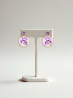 Mother Of Pearl Shell Stud Earrings with amethyst and iris flower painting.