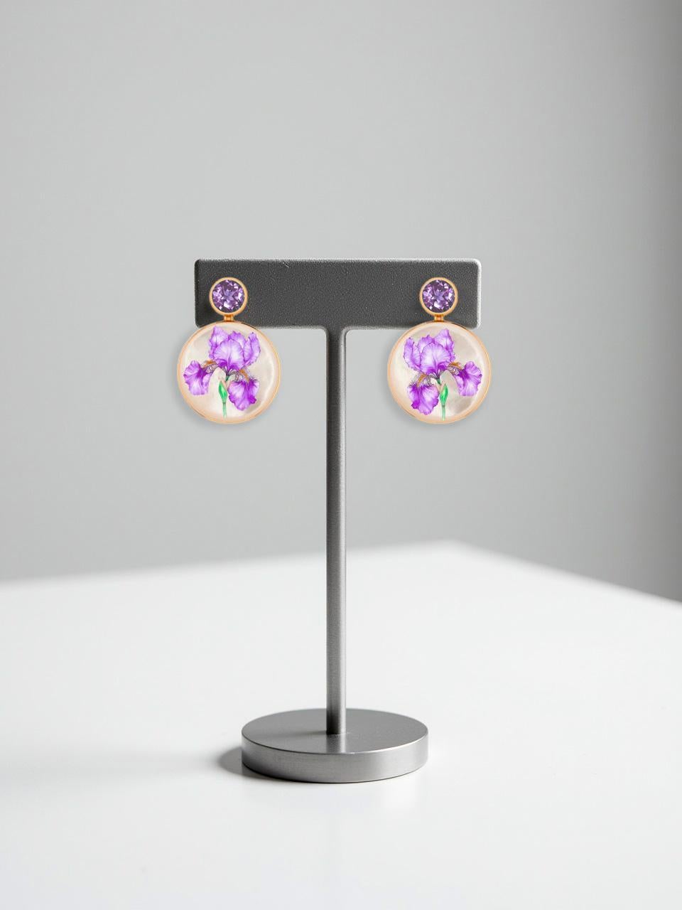 Modern Mother Of Pearl Shell Stud Earrings with amethyst and iris flower painting. For Sale