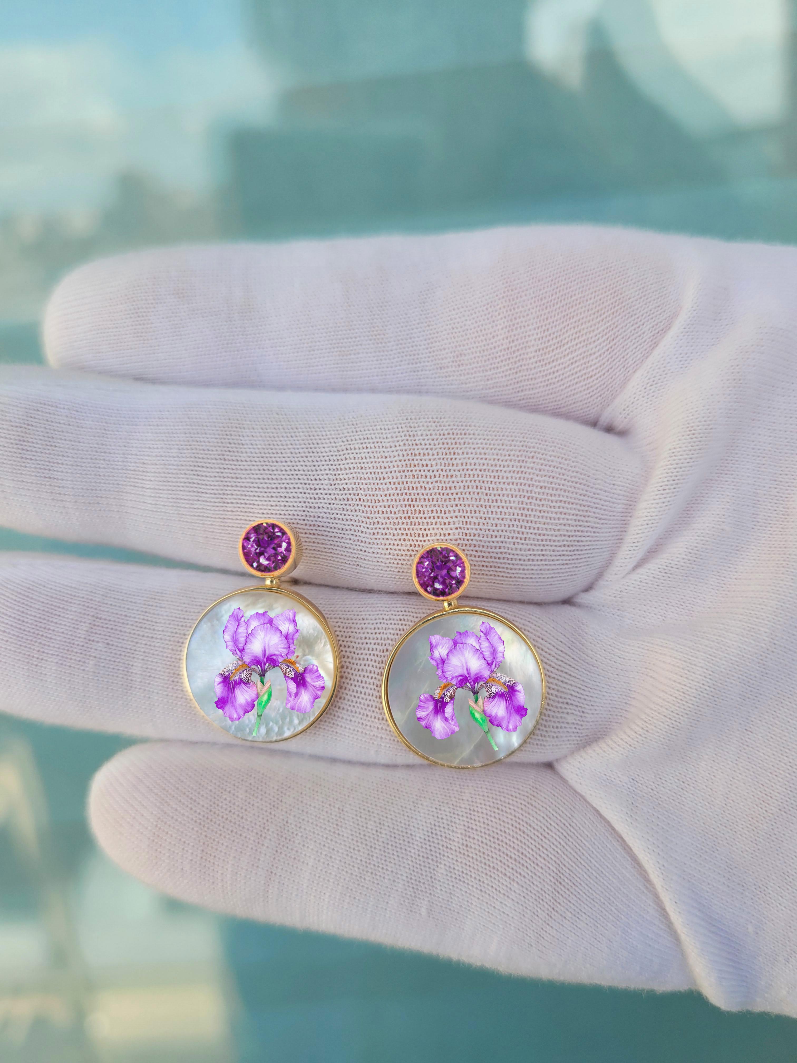 Mother Of Pearl Shell Stud Earrings with amethyst and iris flower painting. In New Condition For Sale In Istanbul, TR