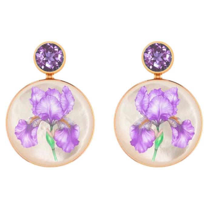 Mother Of Pearl Shell Stud Earrings with amethyst and iris flower painting.