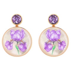 Mother Of Pearl Shell Stud Earrings with amethyst and iris flower painting.