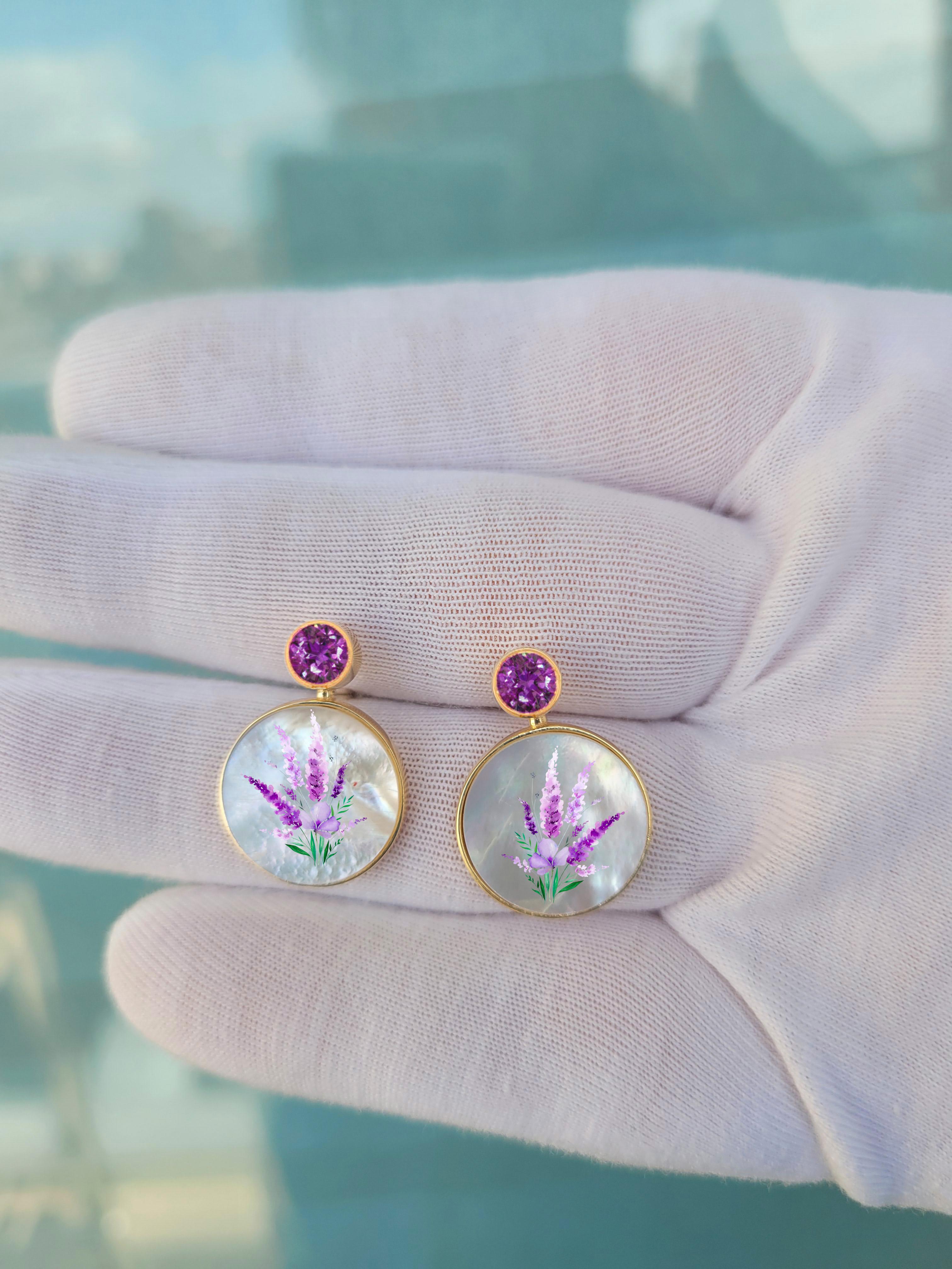 Mother Of Pearl Shell Stud Earrings with amethyst and lavender bouquet drawing. Handmade Paint Bird Shell Earrings with amethysts. Beach Wedding bridal stud earrings. Mother of pearl beach earrings. Shell paint earrings. Wearable art earrings studs.