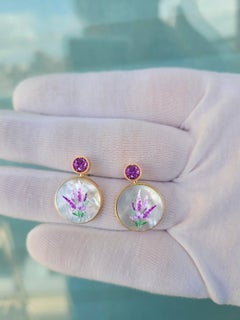 Mother Of Pearl Shell Stud Earrings with amethyst and lavender bouquet painting.