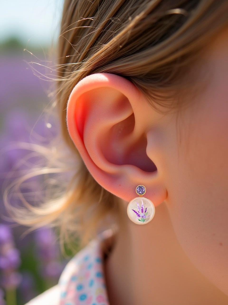 Modern Mother Of Pearl Shell Stud Earrings with amethyst and lavender bouquet painting. For Sale