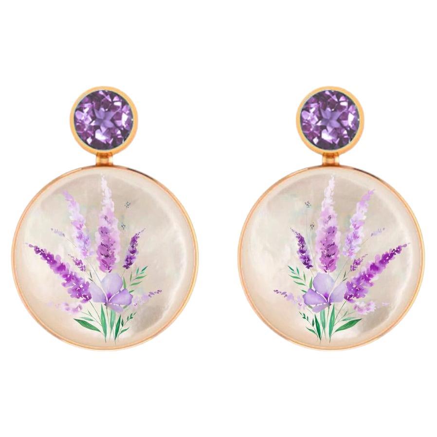 Mother Of Pearl Shell Stud Earrings with amethyst and lavender bouquet painting. For Sale