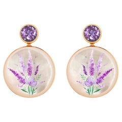 Mother Of Pearl Shell Stud Earrings with amethyst and lavender bouquet painting.