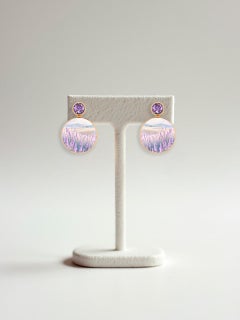 Mother Of Pearl Shell Stud Earrings with amethyst and lavender fields painting.