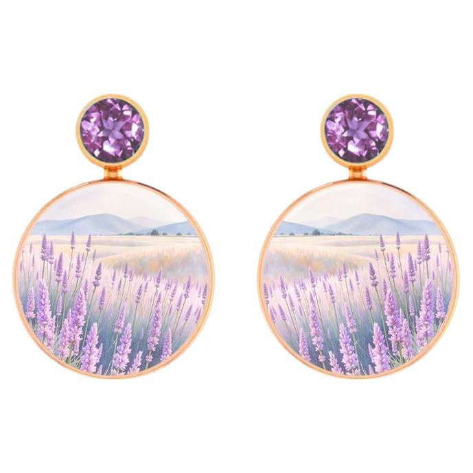 Pendientes de madreperla con pintura de amatista y campos de lavanda.