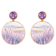 Mother Of Pearl Shell Stud Earrings with amethyst and lavender fields painting.