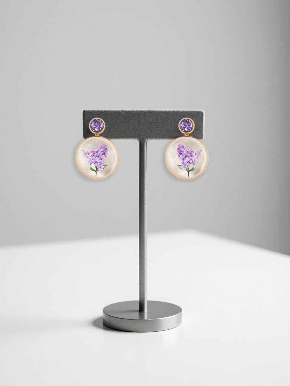Modern Mother Of Pearl Shell Stud Earrings with amethyst and lilac painting. For Sale