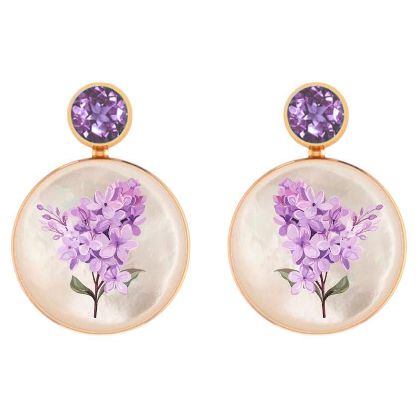 Mother Of Pearl Shell Stud Earrings with amethyst and lilac painting.