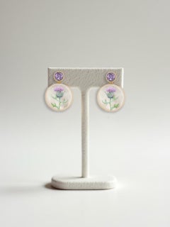 Mother Of Pearl Shell Stud Earrings with amethyst and thistle flower painting.