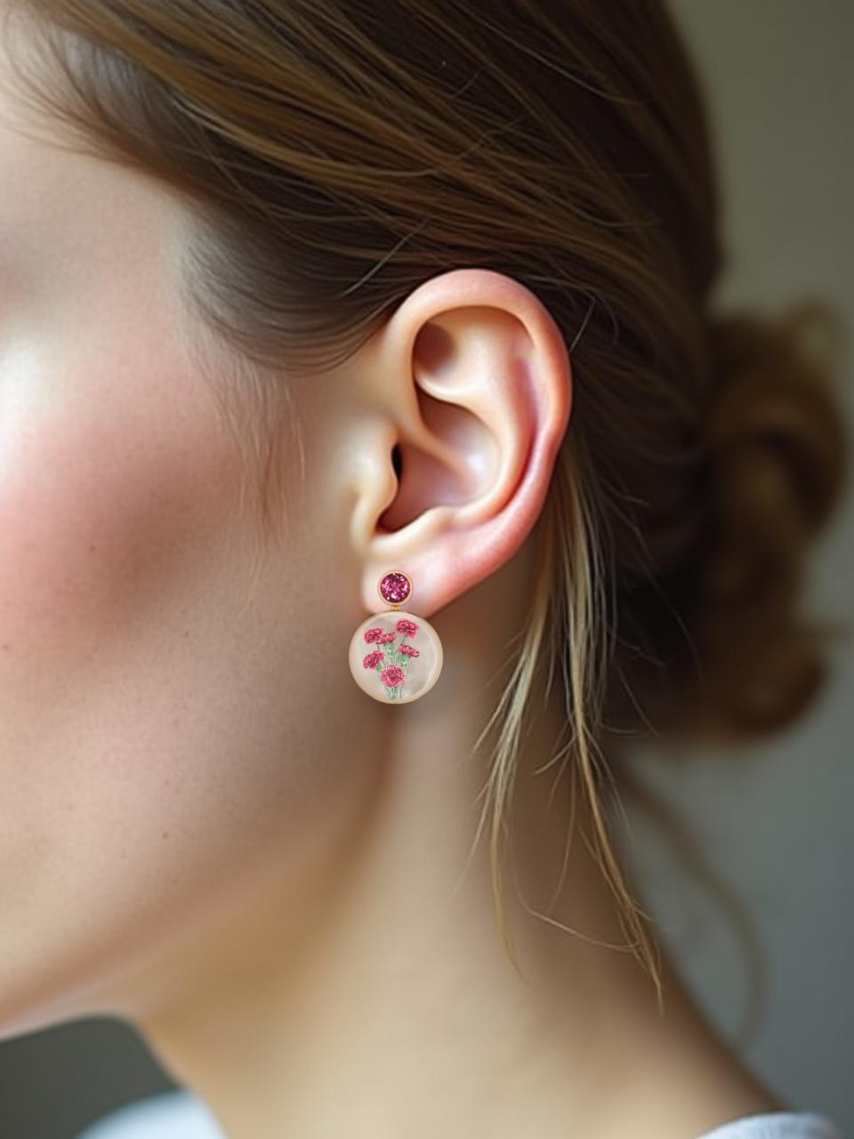 Boucles d'oreilles en nacre avec dessin d'améthyste et d'œillet. Peinture pour fleurs rouges faite à la main  Boucles d'oreilles en coquillage avec grenats. Boucles d'oreilles pour mariage de plage. Boucles d'oreilles de plage en nacre. Boucles