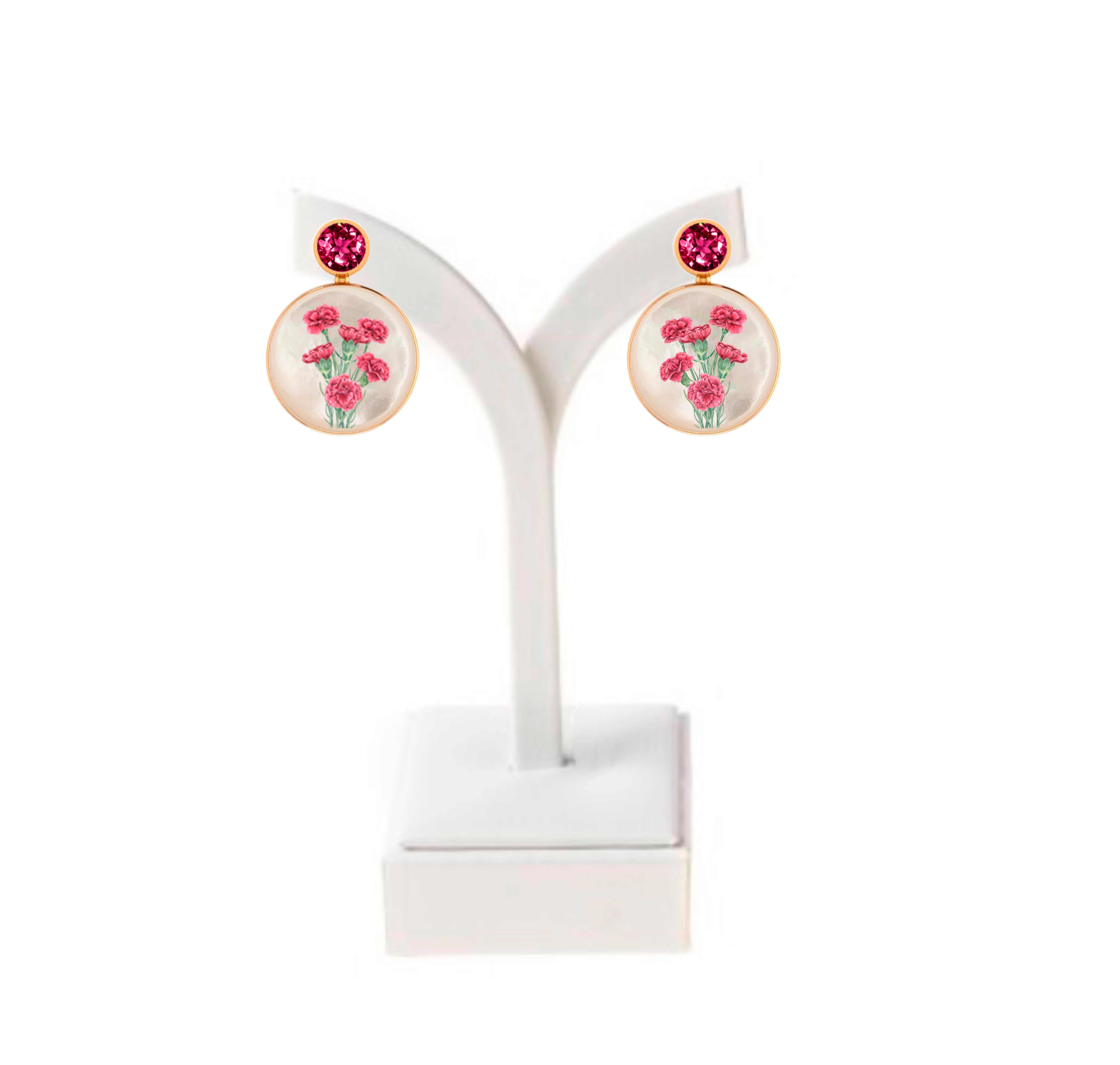 Boucles d'oreilles en nacre avec peinture sur grenat et œillet. Neuf - En vente à Istanbul, TR