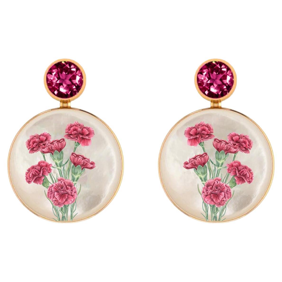 Boucles d'oreilles en nacre avec peinture sur grenat et œillet. en vente