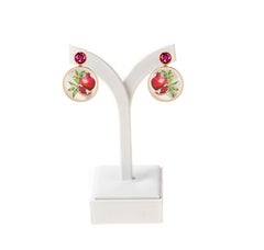 Mother Of Pearl Shell Stud Earrings with garnet and pomegranate painting.
