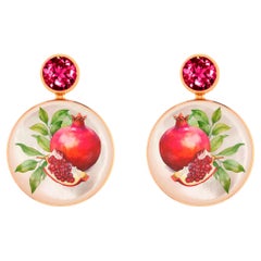 Mother Of Pearl Shell Stud Earrings with garnet and pomegranate painting.