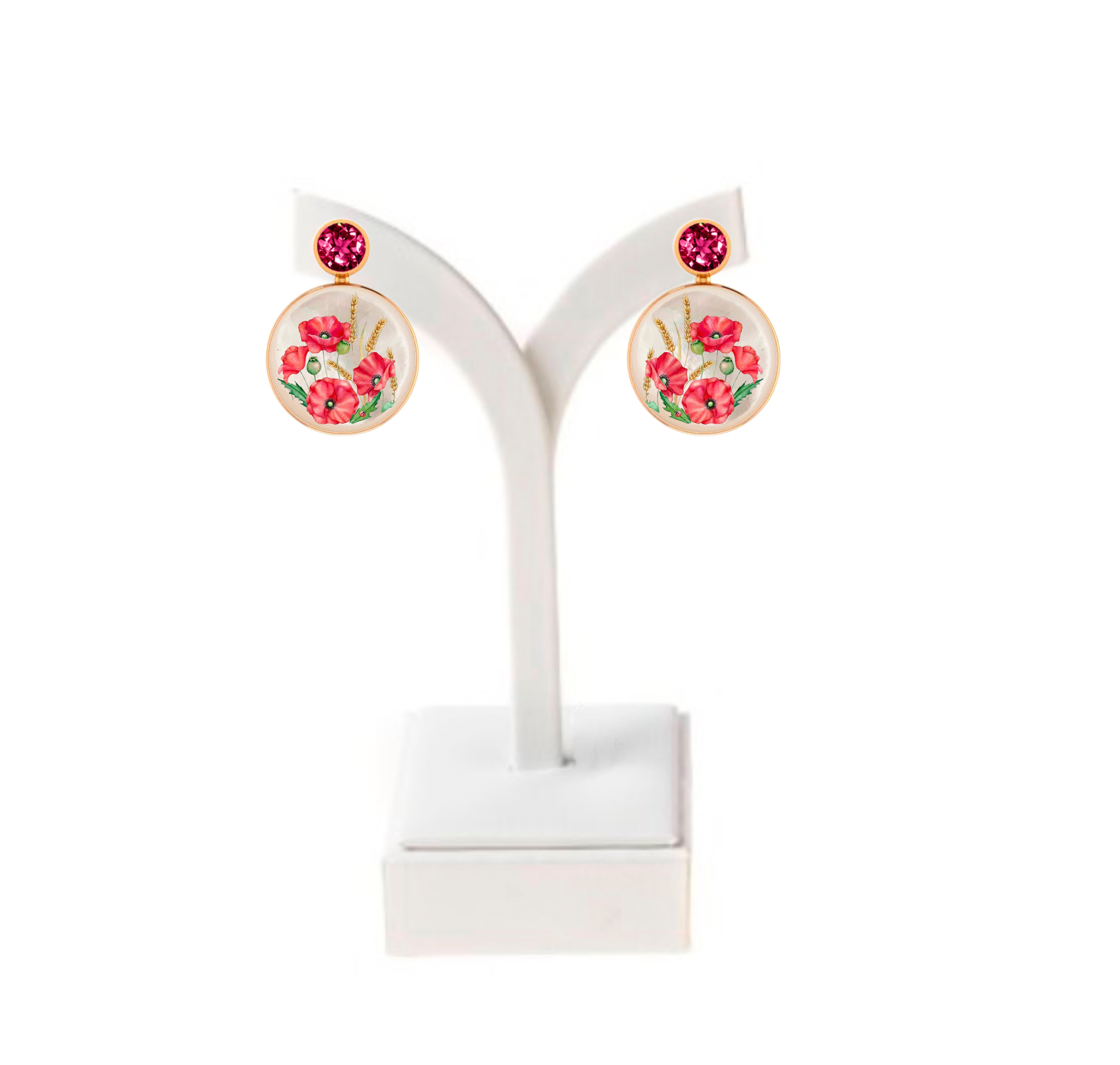 Mother Of Pearl Shell Stud Earrings with garnet and poppy flowers painting. In New Condition For Sale In Istanbul, TR