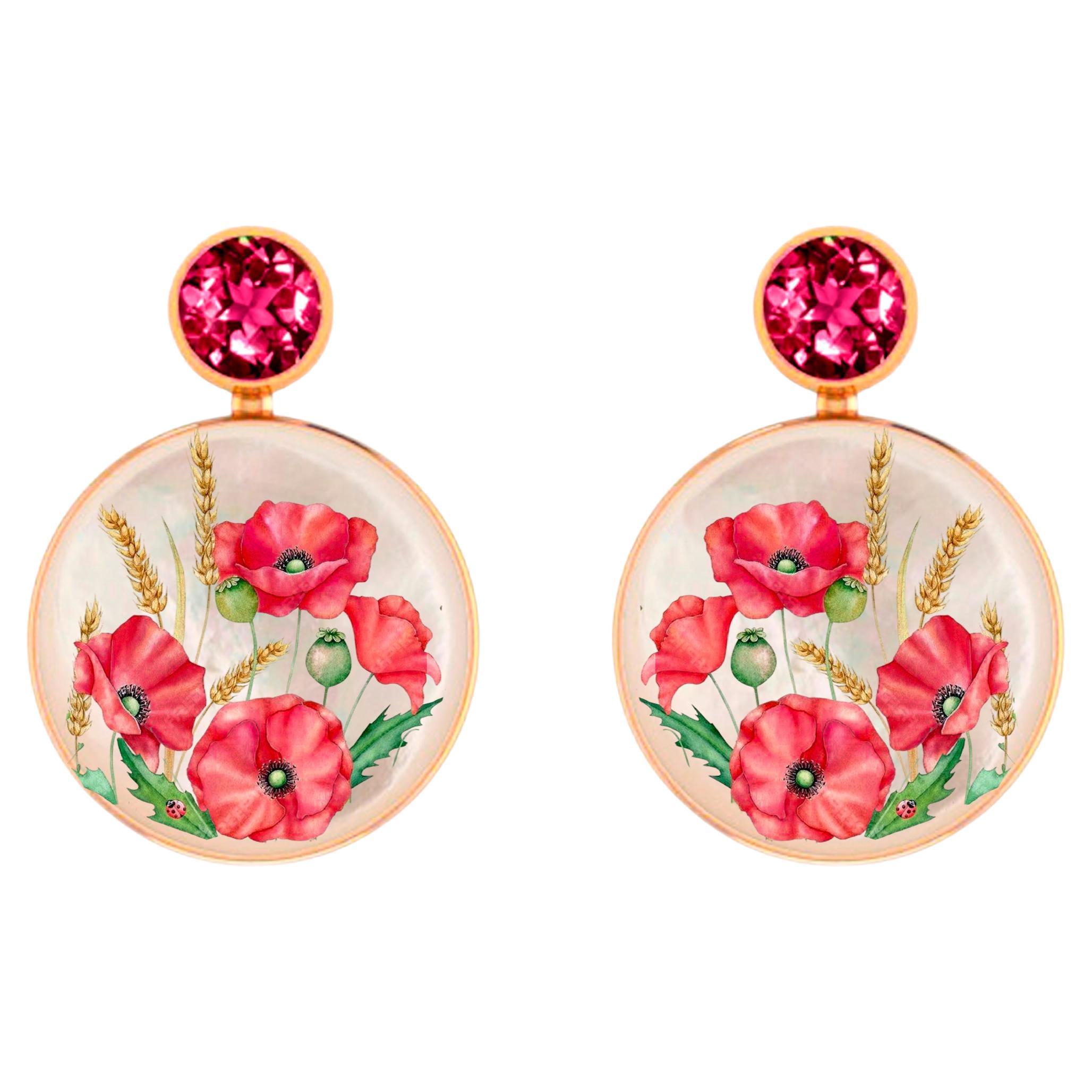 Mother Of Pearl Shell Stud Earrings with garnet and poppy flowers painting. For Sale