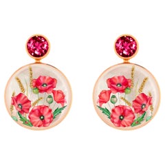Mother Of Pearl Shell Stud Earrings with garnet and poppy flowers painting.
