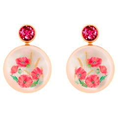 Mother Of Pearl Shell Stud Earrings with garnet and poppy flowers painting.