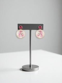 Mother Of Pearl Shell Stud Earrings with garnet and sakura blossom painting.