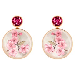 Mother Of Pearl Shell Stud Earrings with garnet and sakura blossom painting.