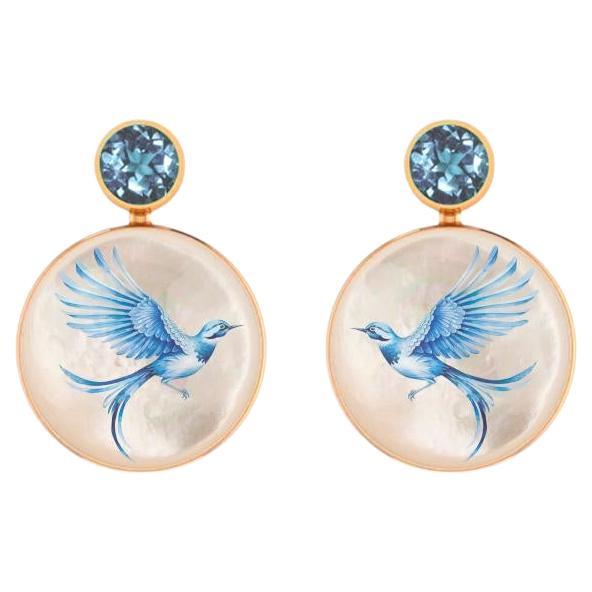 Mother Of Pearl Shell Stud Earrings with topaz and blue bird painting.