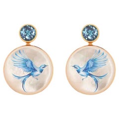 Mother Of Pearl Shell Stud Earrings with topaz and blue bird painting.