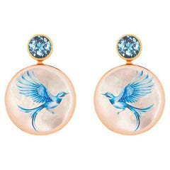 Mother Of Pearl Shell Stud Earrings with topaz and blue bird painting.