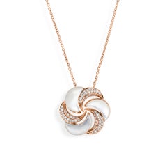Mother of Pearl SI/H Diamond Moon Flower Pendant Necklace 18 Karat Rose Gold